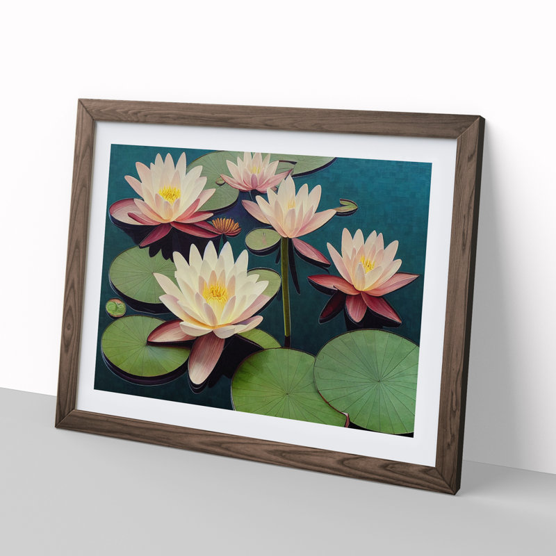 Beautiful Water Lily Flowers - Single Picture Frame Print, 46cm H x 64cm W x 2cm D, Walnut Frame