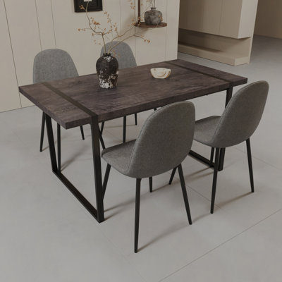 55" MDF Dark Wood Dining Table And Dining Chair Set Of 4 Pieces, Medieval Wooden Kitchen Dining Table Set Rectangular Metal Base, Dining Table And Sue