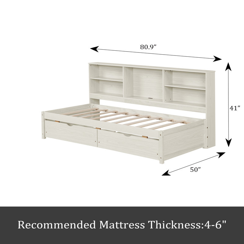 Twin Size Bed Frame With Side Bookshelves, Two Drawers, And Built-In USB Port, Creamy