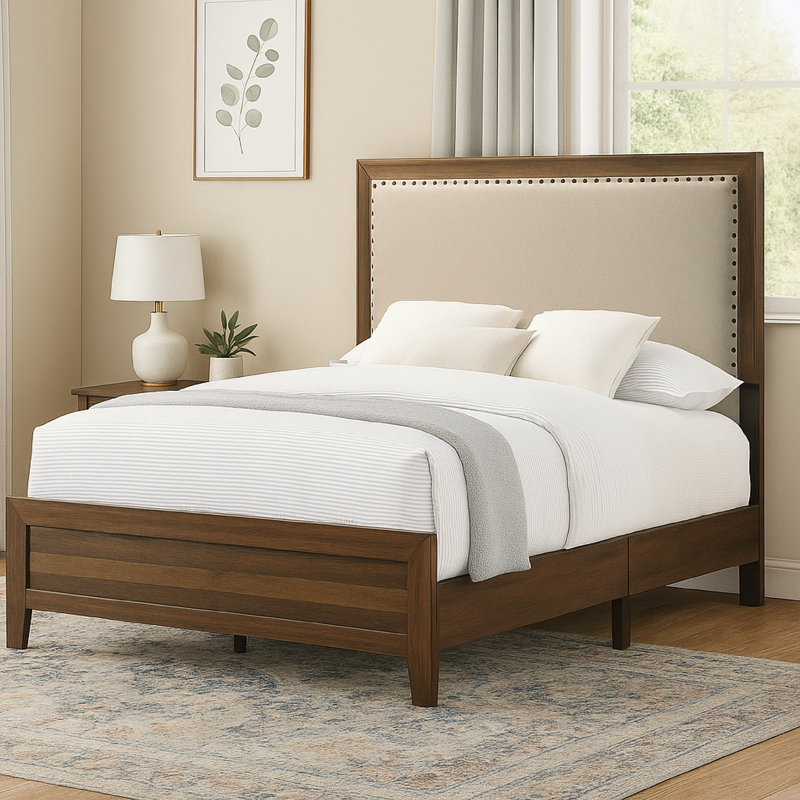 Shannon Panel Bed With Nailhead Trim, Fabric, Wood, Ivory/Cherry Brown, Twin