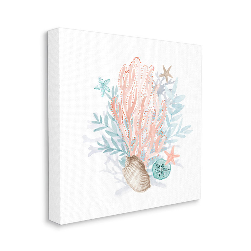 Aquarelle, motif corail, coquillages, art mural par Lanie Loreth, H 17 po x l 17 po x P 1,5 po