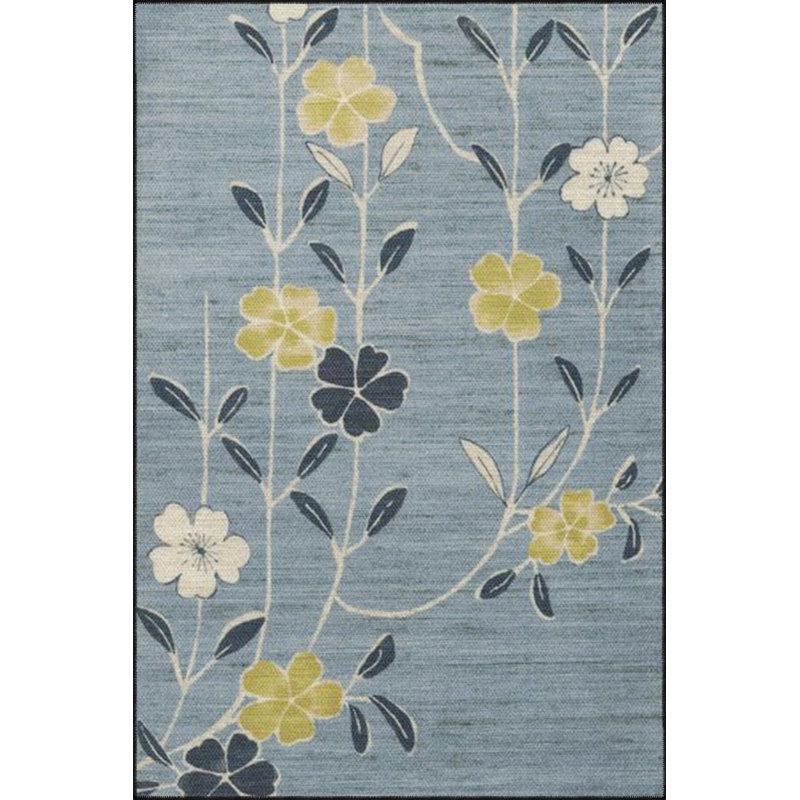 Blue Floral Leafy Washable Cotton Multicolored Decorative Carpet, Runner 2'6" x 6'7"