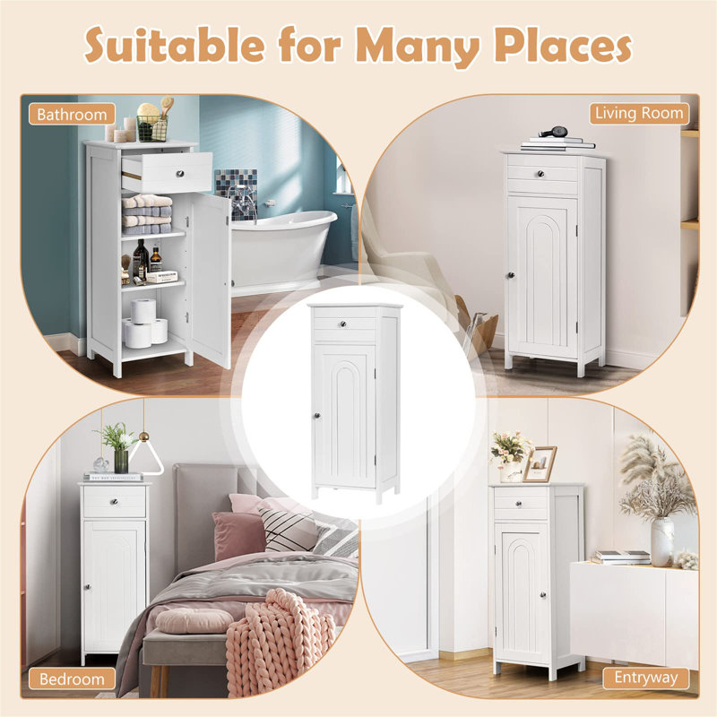 Single Door Floor Cabinet With Drawer, 3-Level Adjustable Shelves, Anti-Tipping Device For Living Room, Bedroom, White