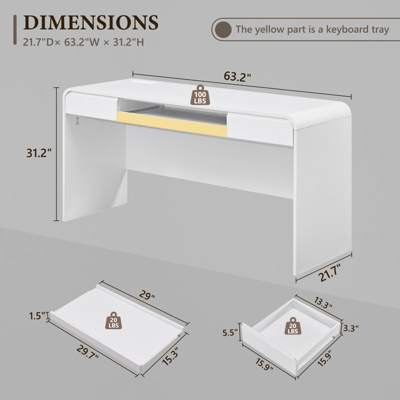 Maud 63" Modern Computer Desk with 2 Storage Drawers, Computer Writing Desk with Keyboard Tray & Power Outlet for Home Office