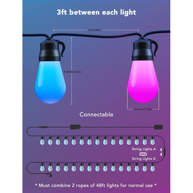 Smart Outdoor String Lights, RGBIC Warm White 96ft (2 Ropes of 48ft) Father's Day LED Bulbs