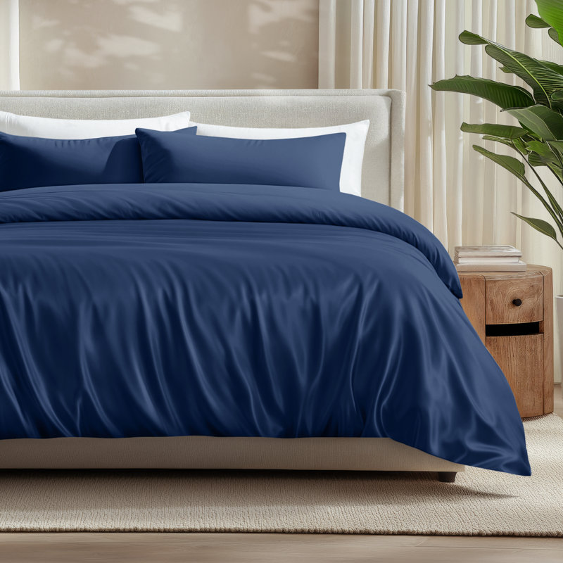 Ensemble de couette en rayonne de bambou, Bleu très foncé, Housse de couette simple + 1 taie décorative stan