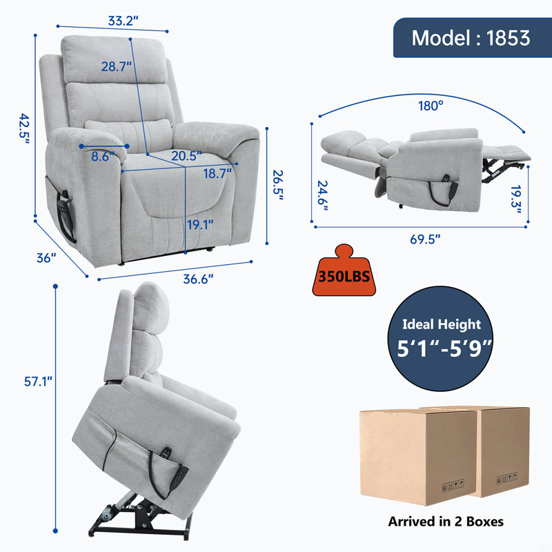 Fauteuil inclinable à double moteur à position infinie jusqu'à 350 LBS Leatherair, Gris clair