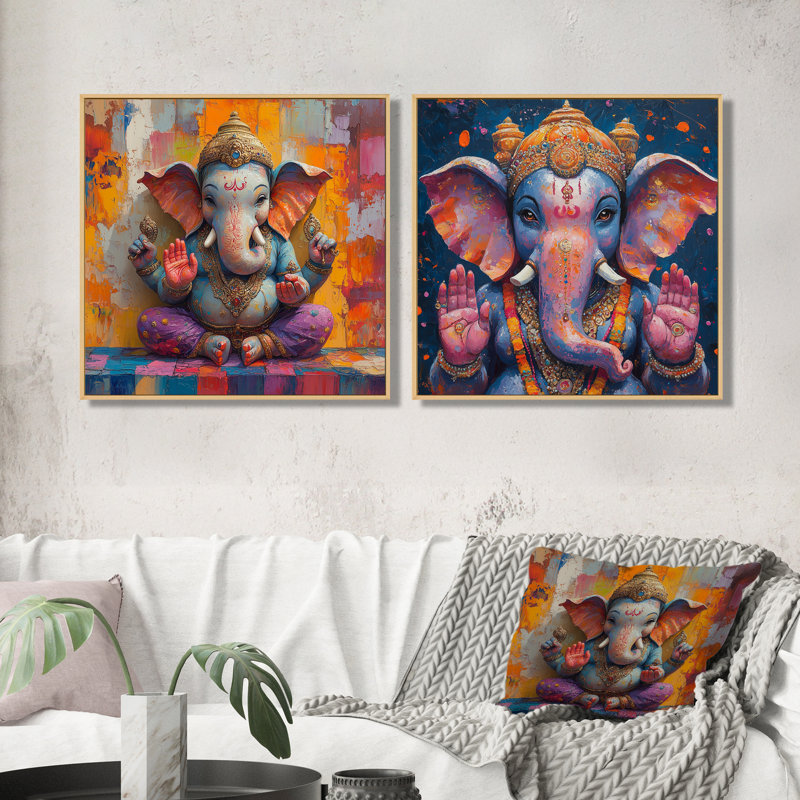 Ganesha's Playfulness Hindu Art I - Art mural indien - ensemble d'art mural global 2 pièces, H 30 po x l 61 po, Crème, crème