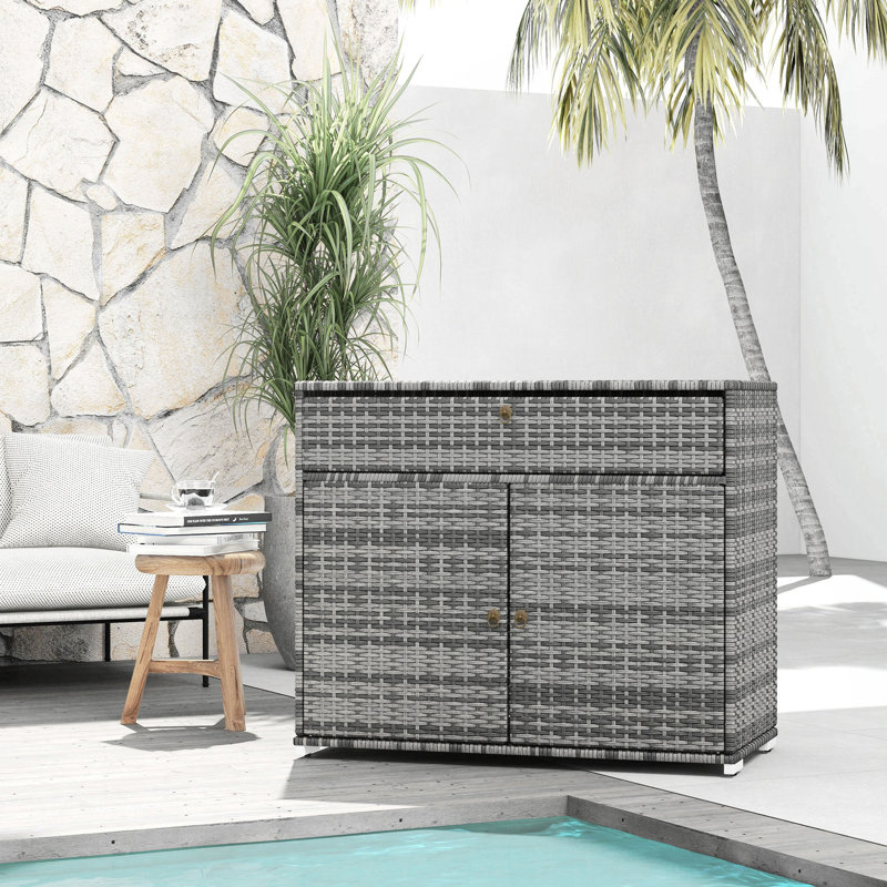 Outdoor Storage Towel Rack & Pool Toy Cabinet, Hot Tub Accessory Storage, Freestanding PE Rattan Wicker Cabinet With Drawer For Indoor, Outdoor Storage Swimming Pool, Spa, Gray