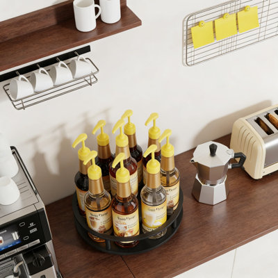 Rotating Coffee Syrup Organizer Rack, 9 Bottle Wooden Turntable Holder For Countertop, Coffee Bar, And Kitchen Storage
