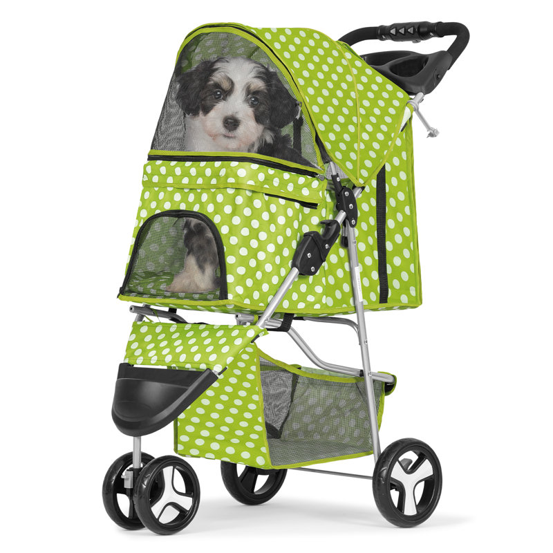 Lawn Green Polka Dot Foldable Pet Stroller with Storage