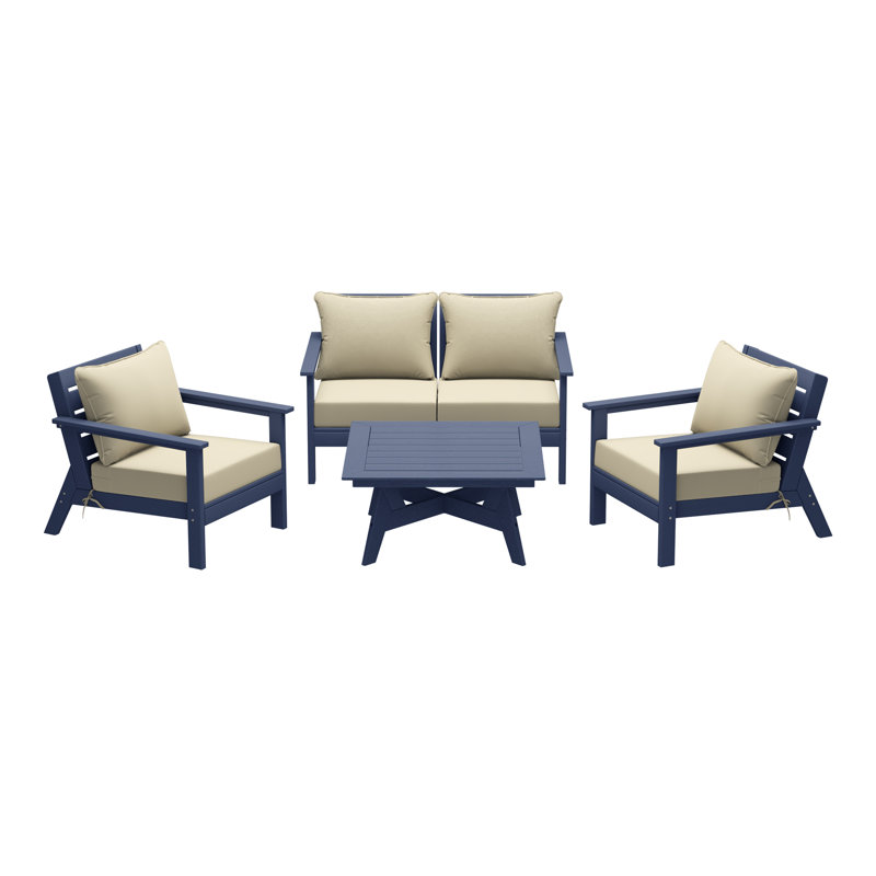5-Piece Deep Seating Set, Navy Blue, Beige