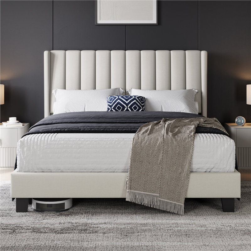 Upholstered Bed Frame with Channel Tufted Headboard, Beige, Kingsize (5')