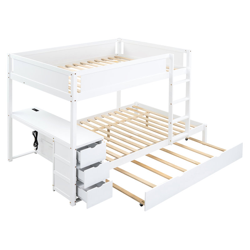 Lit superposé simple avec lit gigogne et bureau de rangement blanc - Optimise l'espace dans la chambre à coucher pour un style familial