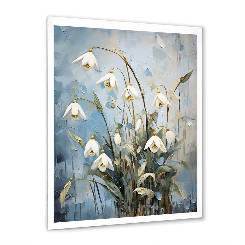 Minimalisme bleu et blanc «Snowdrops Harmony II», impressions d'art sur neige, Cadre simple blanc, H 32 po x l 24 po