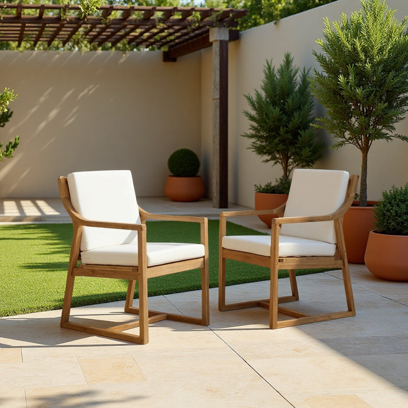 Chaises de patio extérieures en teck clair avec coussins beiges