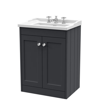 Old London Ashwick Satin Soft Black 600mm Floorstanding 2-Door Unit With Basin 3 Tap Hole
