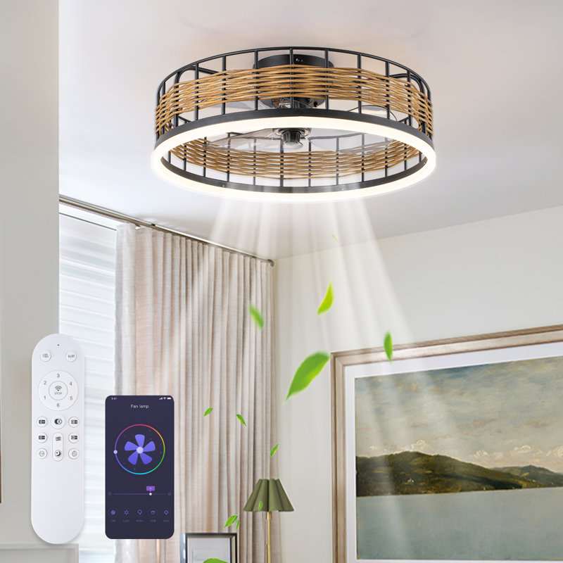 19.7’’ Boho Rattan Caged Ceiling Fan with LED Light and Remote Control