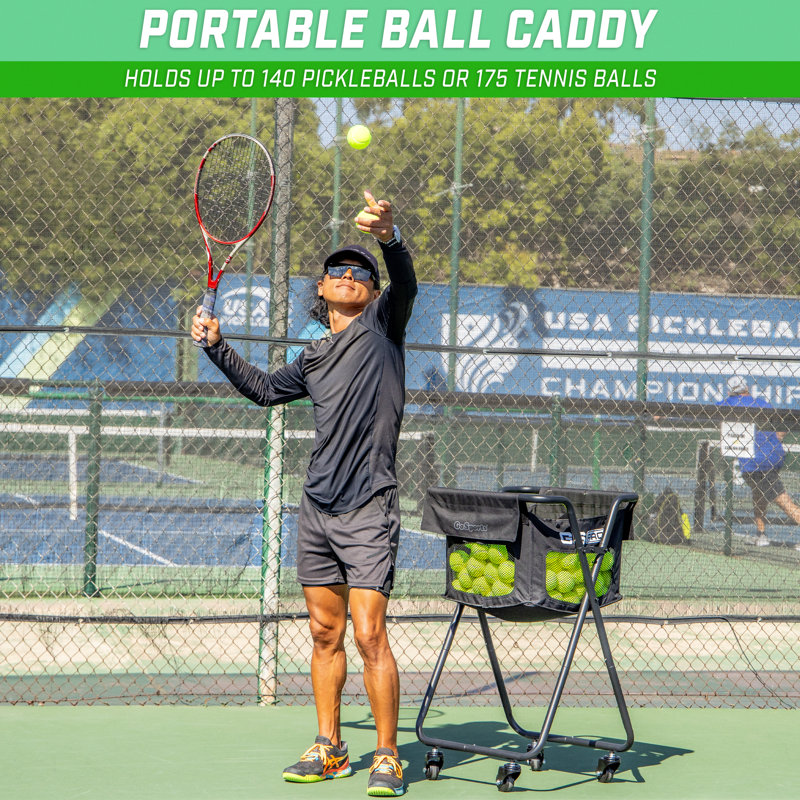 Black Steel Portable Pickleball and Tennis Ball Caddy with Wheels