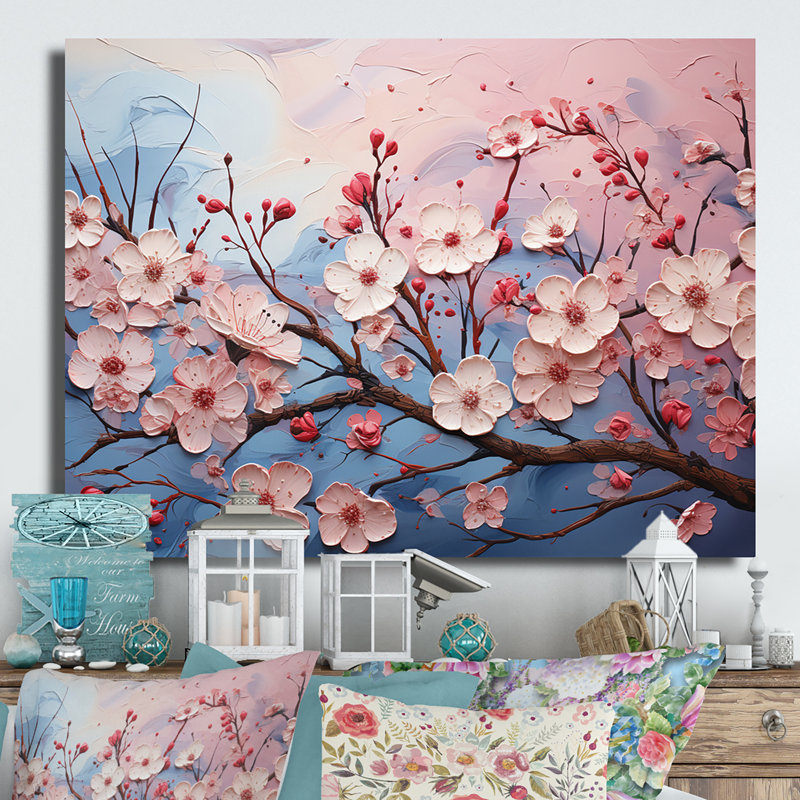 Fleurs de cerisier roses et bleues II sur impression métallique, H 12 po x l 20 po