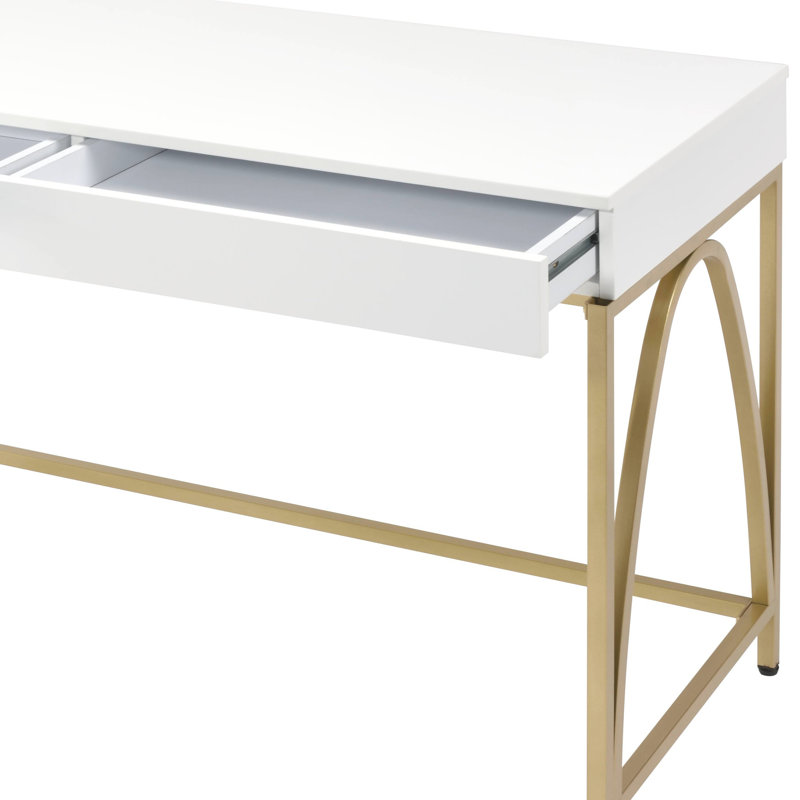 Stylish White Gloss Desk With Gold Metal Base And 2 Drawer Storage Work Compartments For Workspace