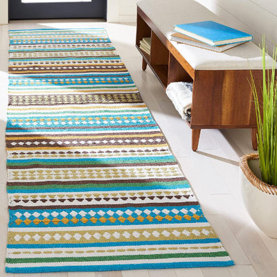 Tapis de chambre à coucher à rayures en coton fait à la main bleu clair / ivoire