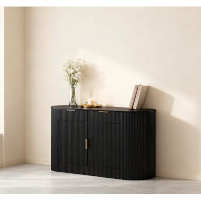 55.1" Modern Storage Cabinet – 2 Doors & 2 Drawers, Stripe Mdf Sideboard With Aluminum Handles, Curved Side Door & 3-tier Shelves, Buffet Cabinet For