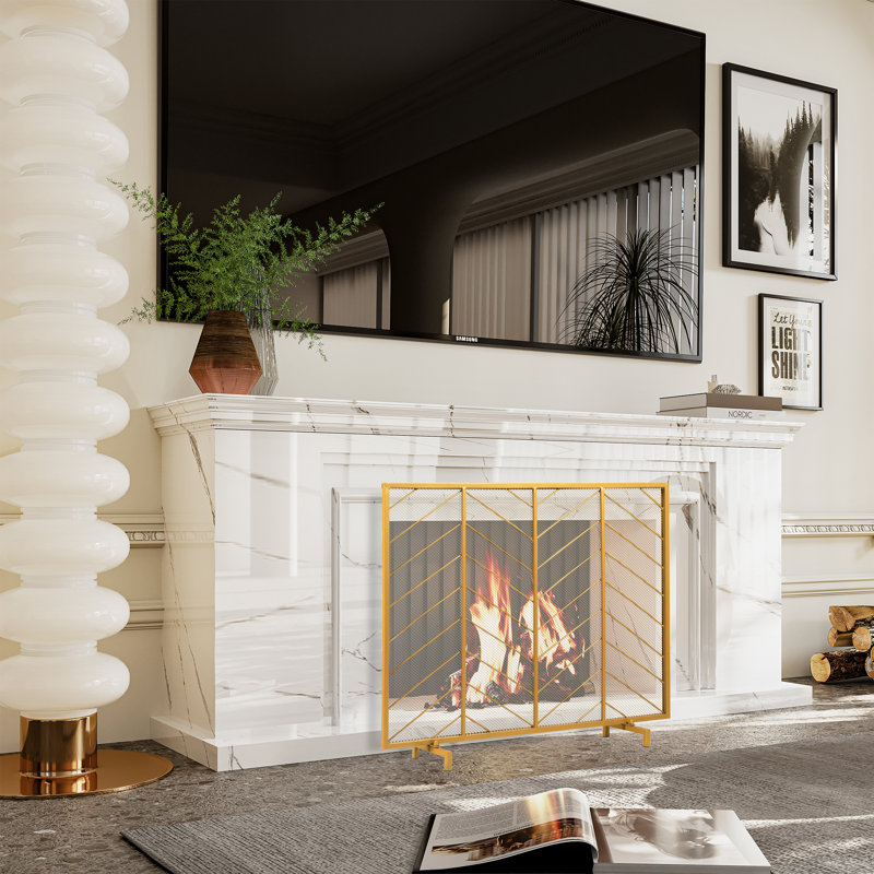 Gold Chevron Pattern Steel Mesh Fireplace Screen