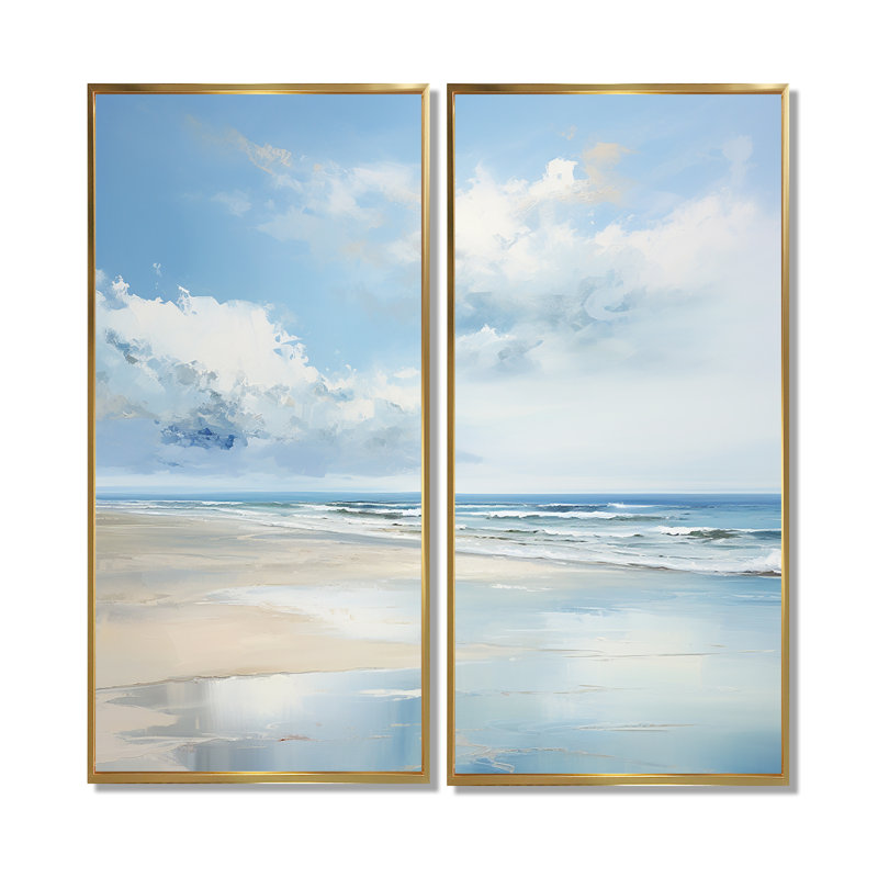 Paysage côtier minimaliste II - art mural sur toile bleue, 20" H x 24" W, Floater Framed Print without Mat, Gold