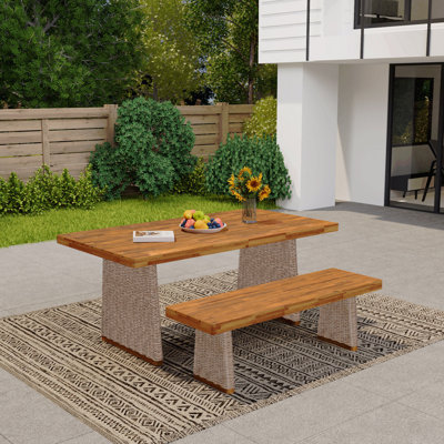 Brown Outdoor Acacia Wood Dining Table Set, With 1 Table And 1 Bench