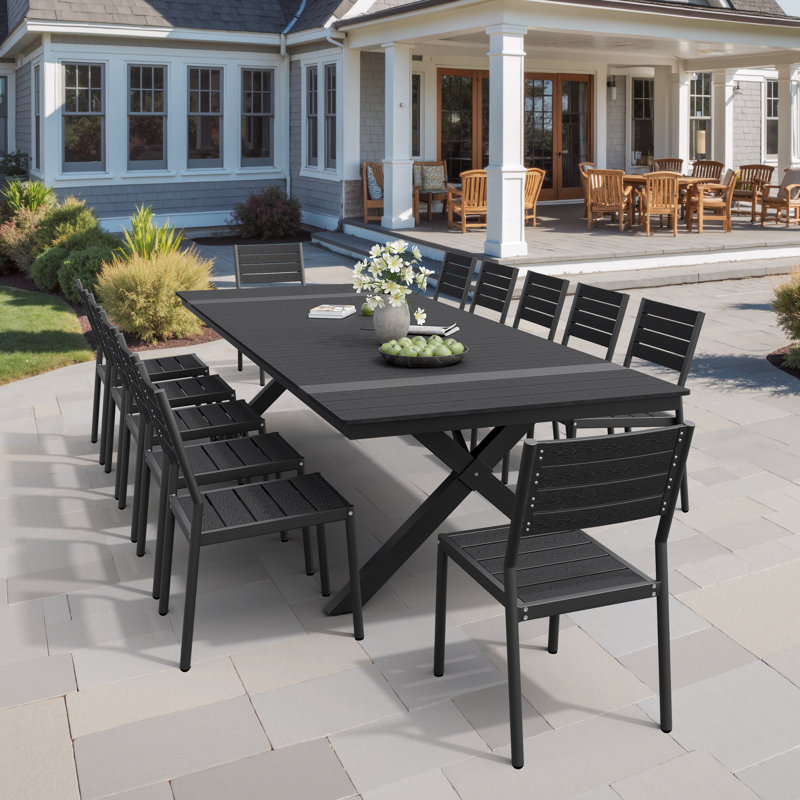 12 - Person Aluminum Rectangular Outdoor Dining Set with Umbrella Hole and Stackable Chairs, Black