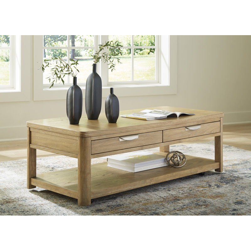 Light Brown Rectangular Wood Coffee Table with Storage