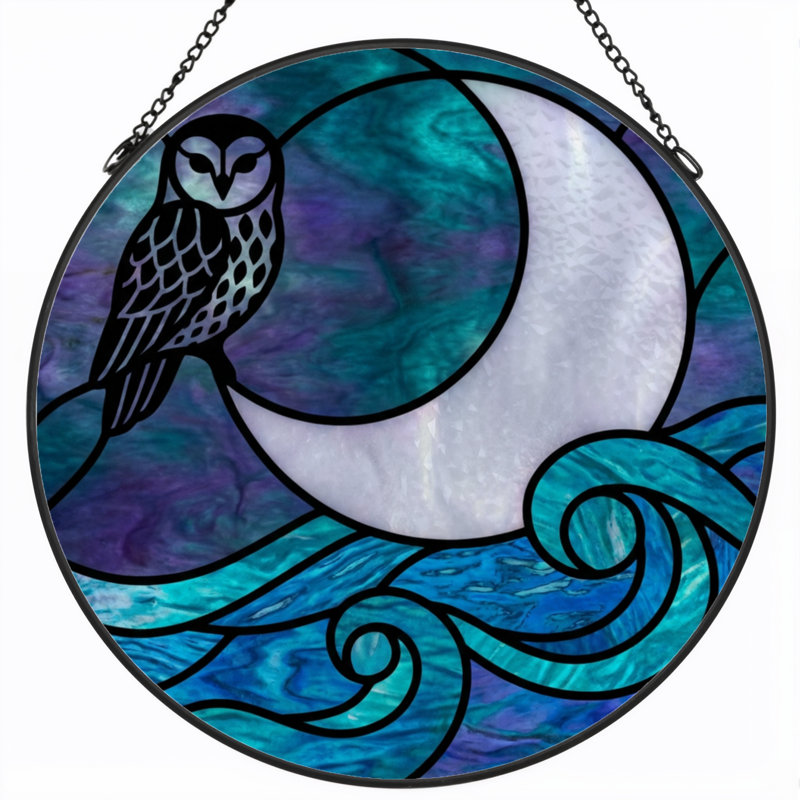 Panneau de vitrail 12 "H Owl Moon, H 12 po x l 12 po