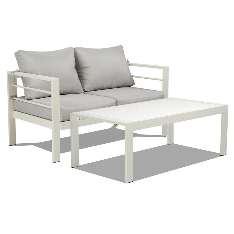 Patio White Aluminum Loveseat With Coffee Table, Grey