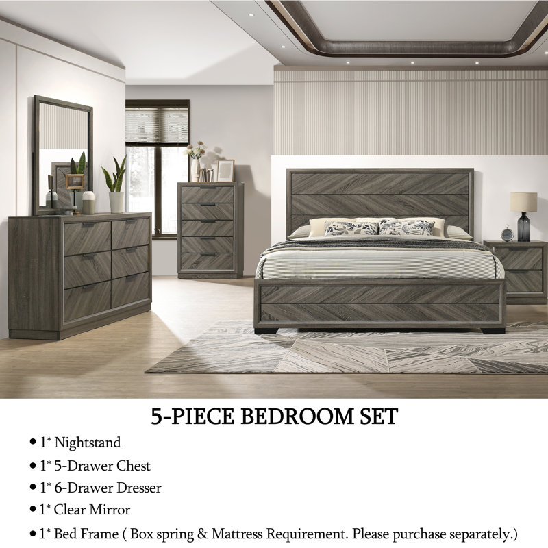 5 Piece Modern Farmhouse Bedroom Set, Gray Wood King Size Platform Bed with 5 Drawer Chest, 6 Drawer Dresser with Mirror, 2 Drawer Nightstand, Rustic Chevron Pattern Bedroom Furniture Set for Bedroom