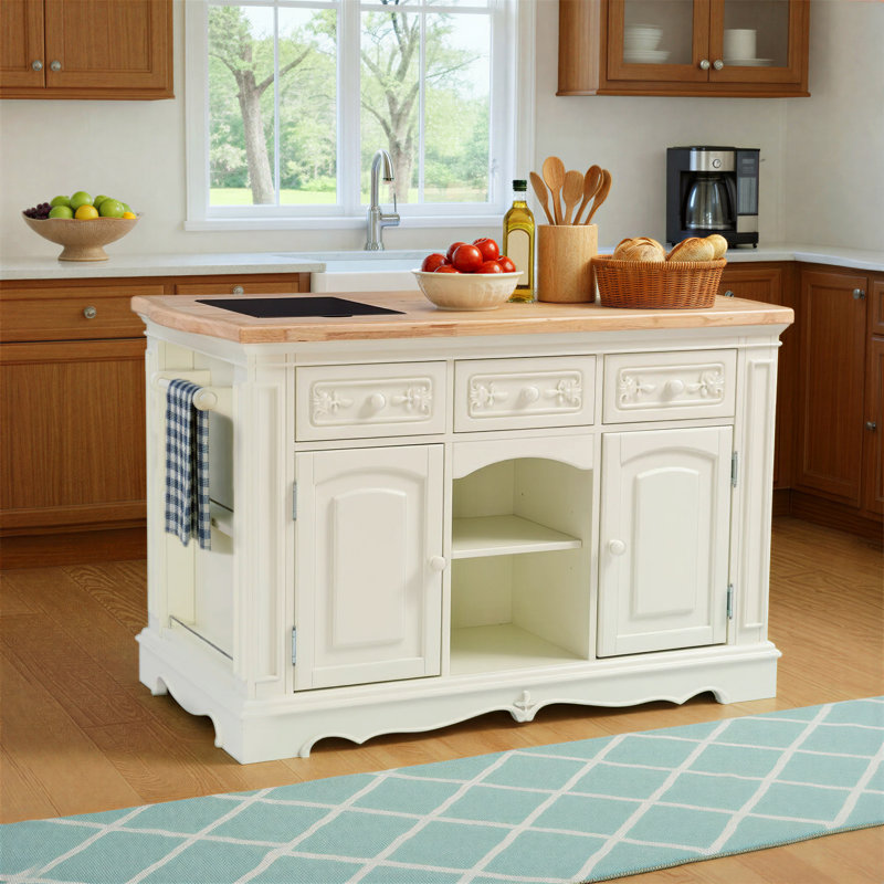 Îlot de cuisine en bois massif Clemente avec plateau en granite et bois manufacturé, Blanc cassé / blanc
