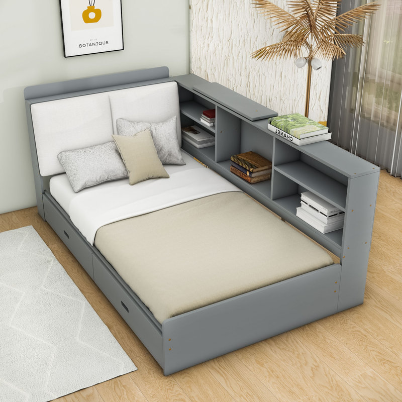 Lit plateforme simple en bois avec tablettes et tiroirs Johnnel, gris