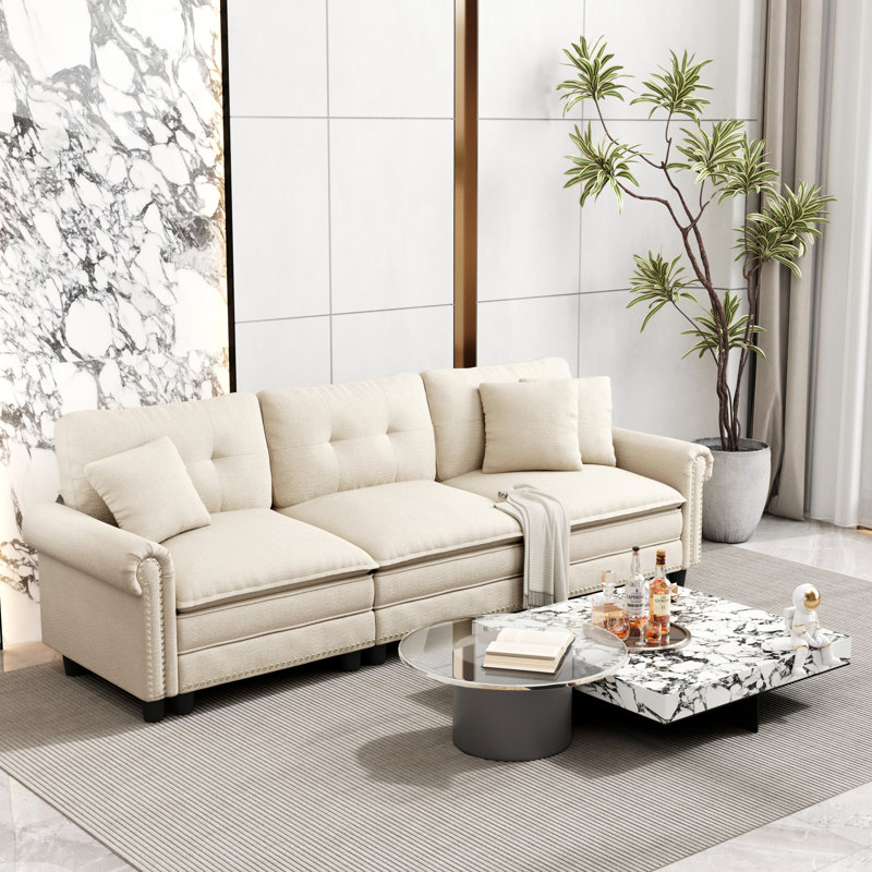 124" Modular Sectional Sofa With Nailhead Trim, Comfy Cloud Couch For Living Room, 3-seater Deep Seat Sofa With Throw Pillow