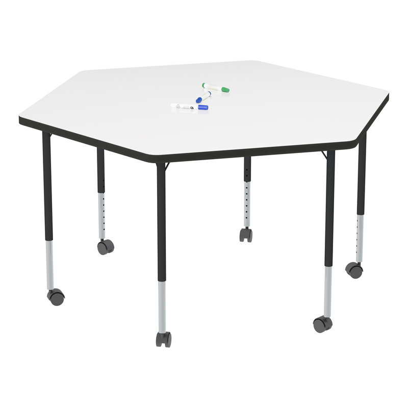Structure Series Adjustable Height Mobile Hexagon Activity Table with Casters, White, Black/Black