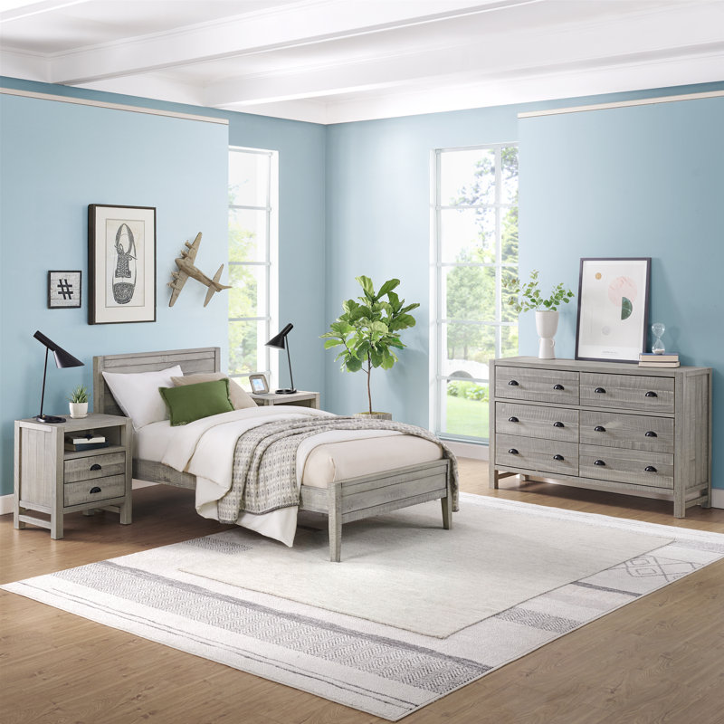 Ensemble de chambre à coucher 4 pièces Windsor avec lit simple à lattes et commode 6 tiroirs Windsor, gris, Simple
