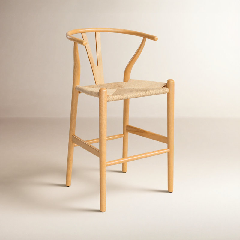  Tabouret de comptoir en bois massif avec assise tissée, Naturel