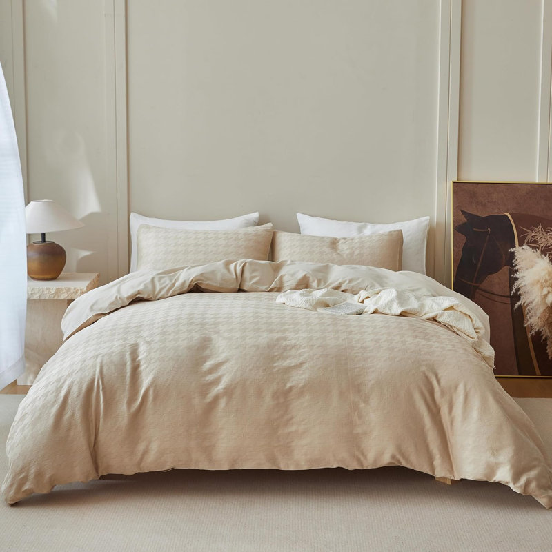 Literie 100 % coton à motif pied-de-poule et tissage gaufré, Queen, Khaki