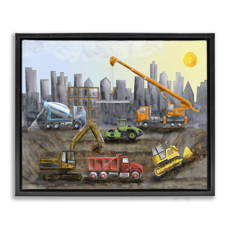  "Construction Camions Skyline" par Brett Blumenthal, Cadre noir, H 25 po x l 31 po