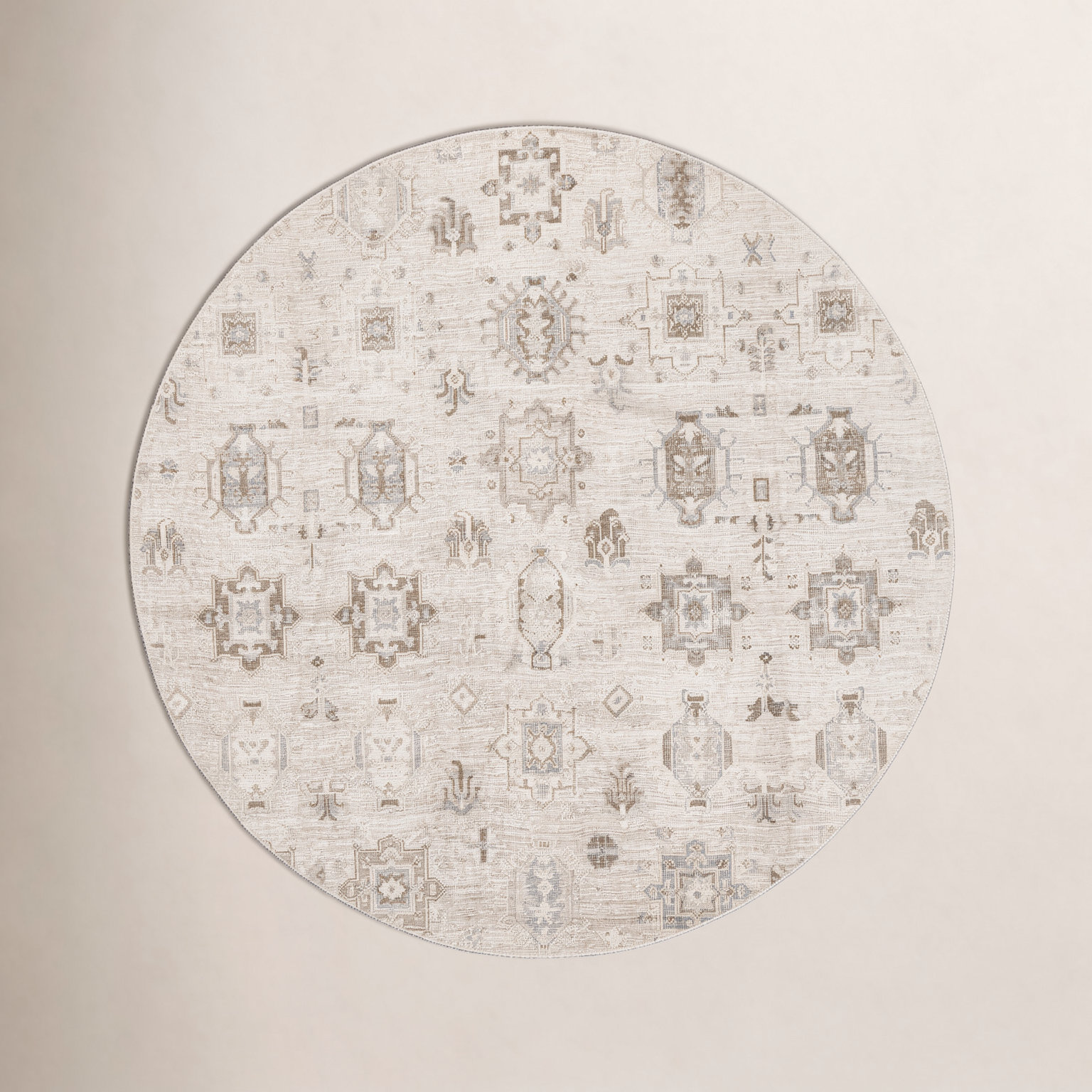 Beige Ivory Machine Washable Oriental Rug, Round 6'