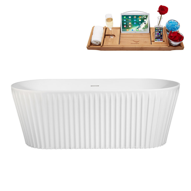 63" Streamline Soaking Matte White Freestanding Tub and Tray With Internal Drain