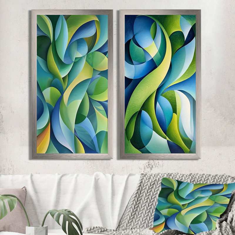 Collage de feuilles organiques vertes et bleus I - décoration murale moderne abstraite 2 pièces, H 40 po x l 40 po