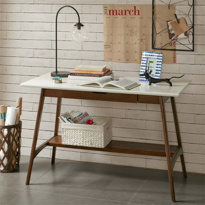 Parker Mid-Century Modern Desk With Off-White Top And Pecan Shelf, Perfect For Home Office And Study Areas.