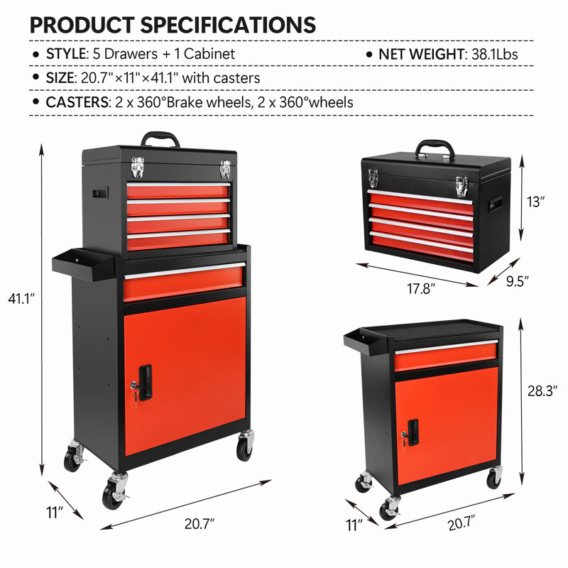 Coffre à outils, armoire de rangement à outils à 5 tiroirs avec coffre à outils amovible, doublure, roues verrouillables universelles, mécanisme de verrouillage, chariot à outils en métal pour atelier de garage