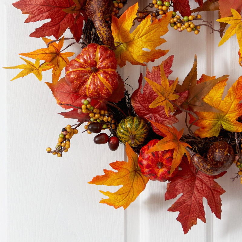 Autumn Pumpkin and Berries Artificial Fall Wreath