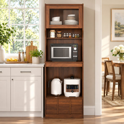 Armoire à vin avec porte vitrée, tiroir et tablettes ouvertes